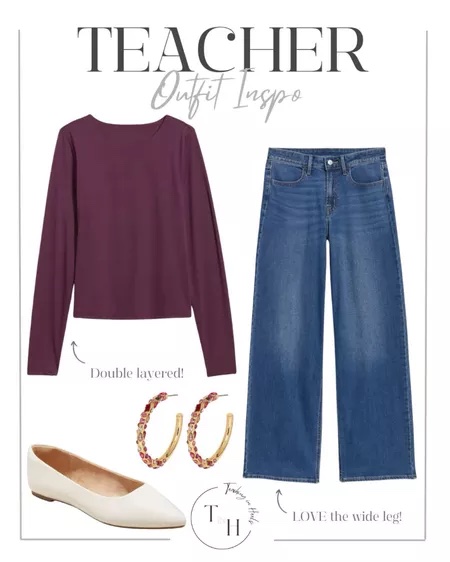 Stylish Comfort: Teacher Outfits With Flats 

purple long sleeve, wide leg denim jeans, flats, workwear, work outfit, work shoes, teacher, outfit inspo, outfit guide, style tip, shoe tip, casual flats, work flats, fashion tips, style guide