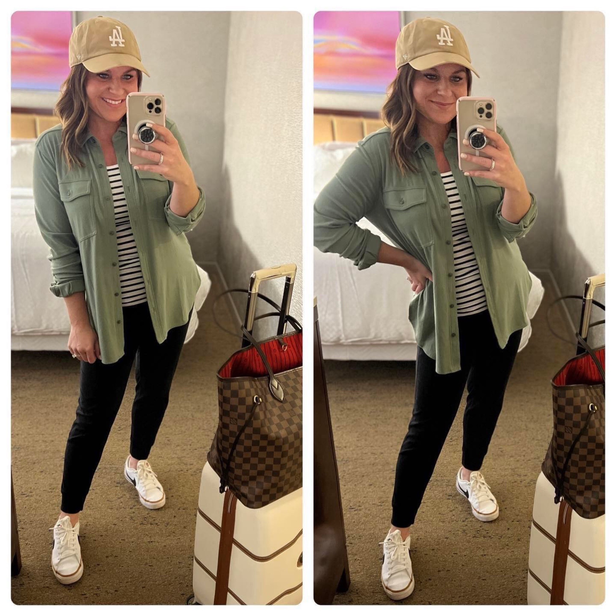 Stylish and Comfortable: Travel Outfit Ideas & Must Haves for Your Next Adventure

travel, travel outfit, vacation, vacation outfit, casual outfit, summer vacation, spring vacation, green coat, black joggers, white sneakers, hat