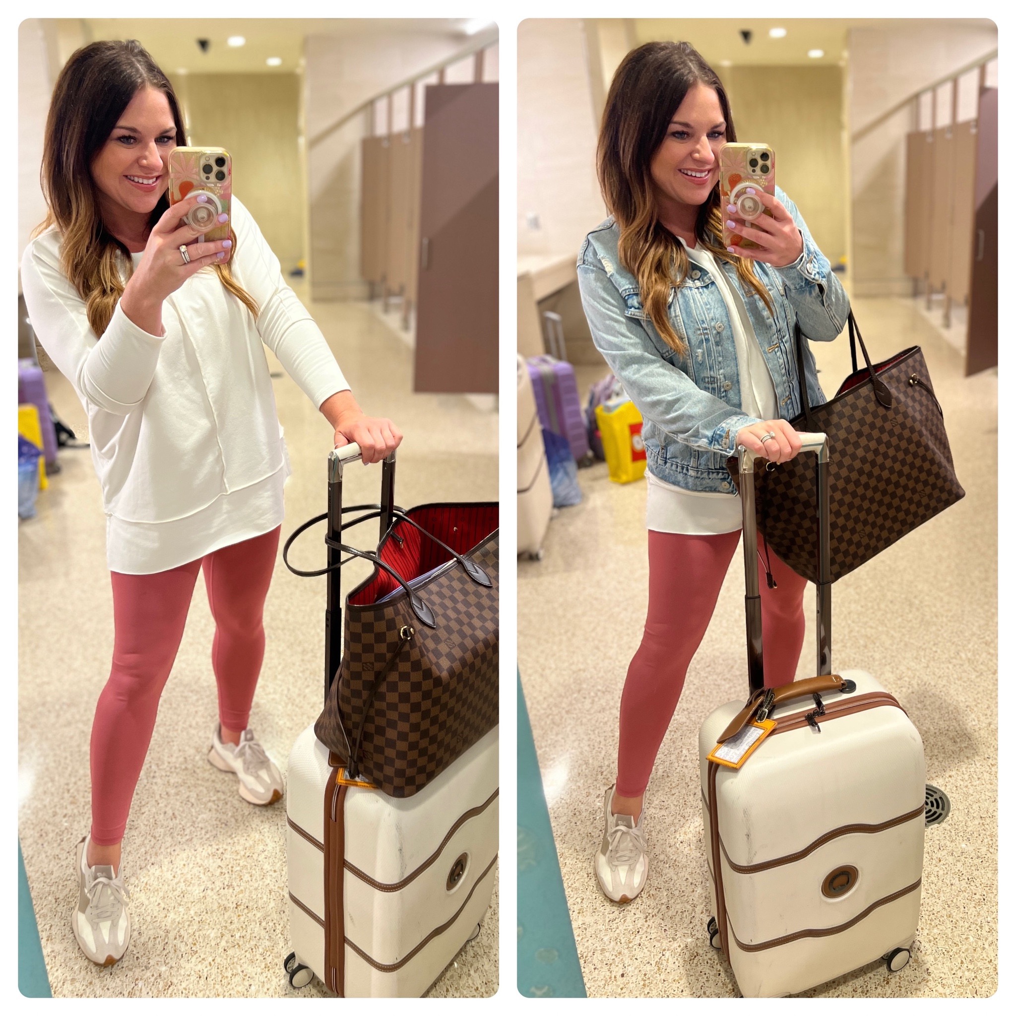 Stylish and Comfortable: Travel Outfit Ideas & Must Haves for Your Next Adventure

travel, travel outfit, vacation, vacation outfit, casual outfit, summer vacation, spring vacation, pink leggings, suitcase, carry-on bag, denim jacket, white long sleeve