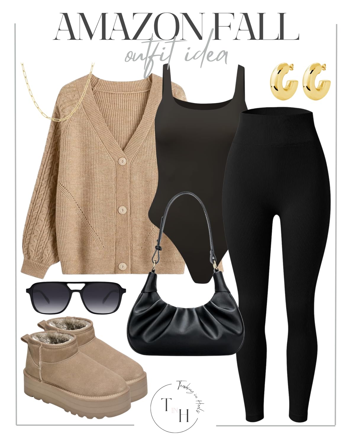 Embrace Autumn: Your Ultimate Guide to Fall Fashion 2024 | Fall Fashion, women's fashion, autumn wardrobe, platform booties, gold jewelry, black bag, fall cardigan, amazon fall outfit idea