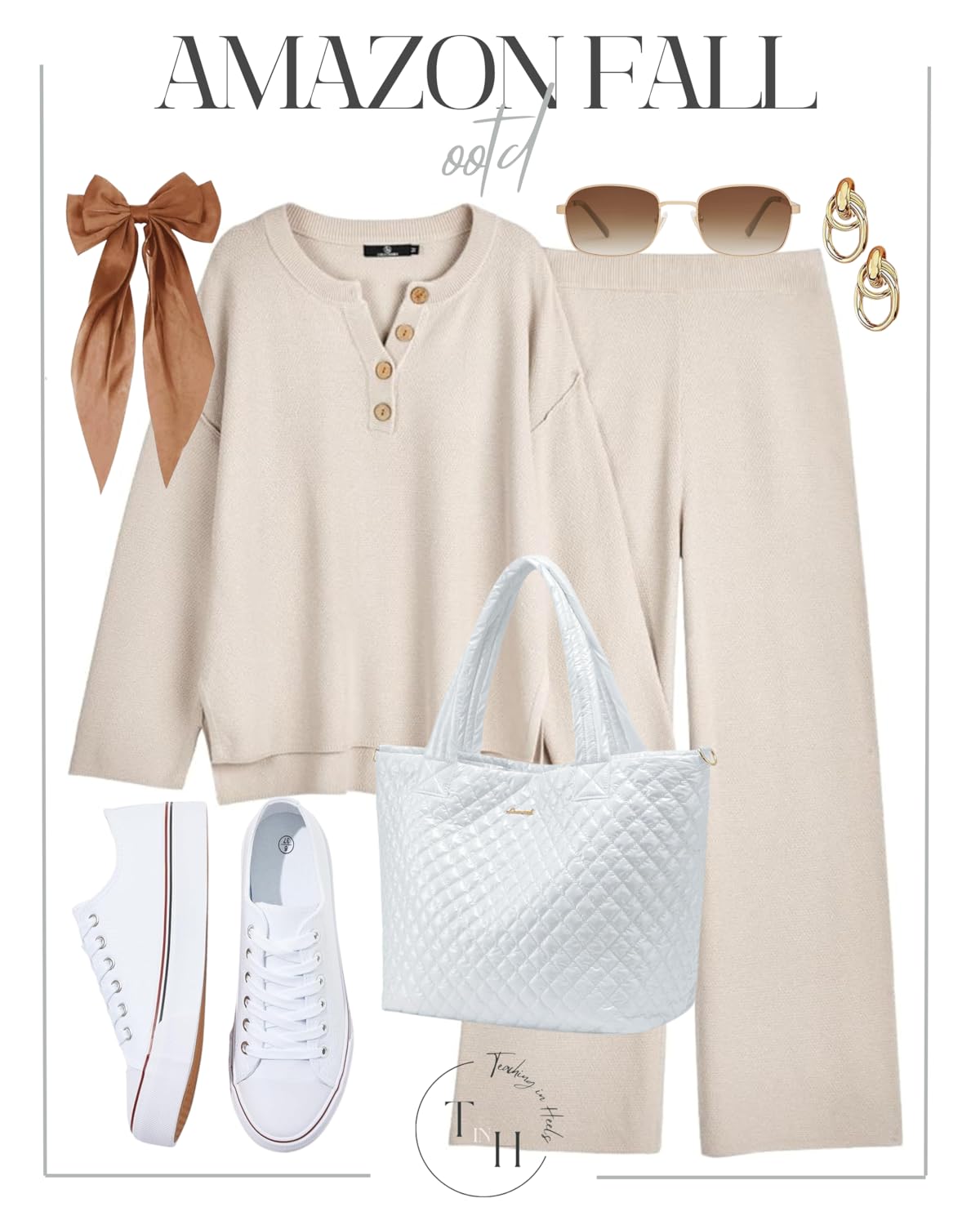 Embrace Autumn: Your Ultimate Guide to Fall Fashion 2024 | Fall Fashion, women's fashion, autumn wardrobe, hair bow, white shoes, loungewear, loungewear set, amazon fall neutral outfit