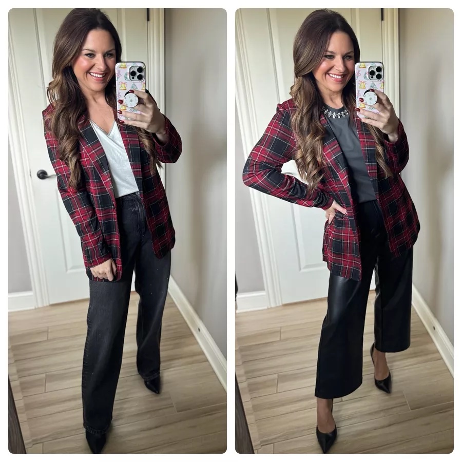 festive and affordable holiday outfits for any occasion | holiday, holiday outfits, holiday style, Christmas party, Work party, red outfit, plaid outfit, plaid blazer, faux leather blazer