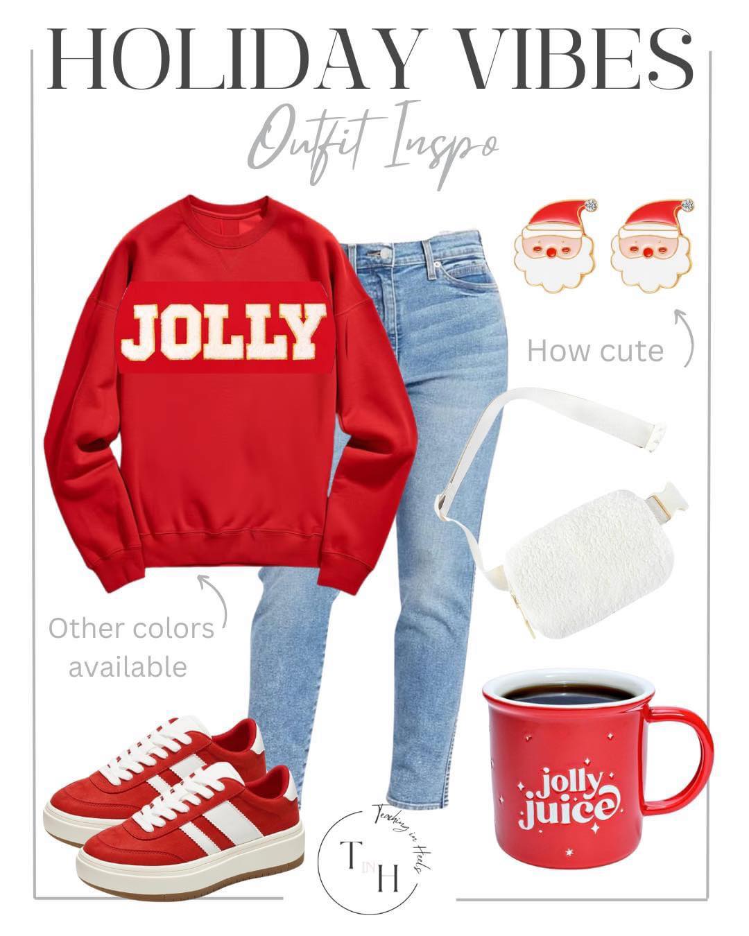 festive and affordable holiday outfits for any occasion | holiday, holiday outfits, holiday style, Christmas party, Work party, red outfit, plaid outfit, jolly sweatshirt, sneakers, denim outfits, mug