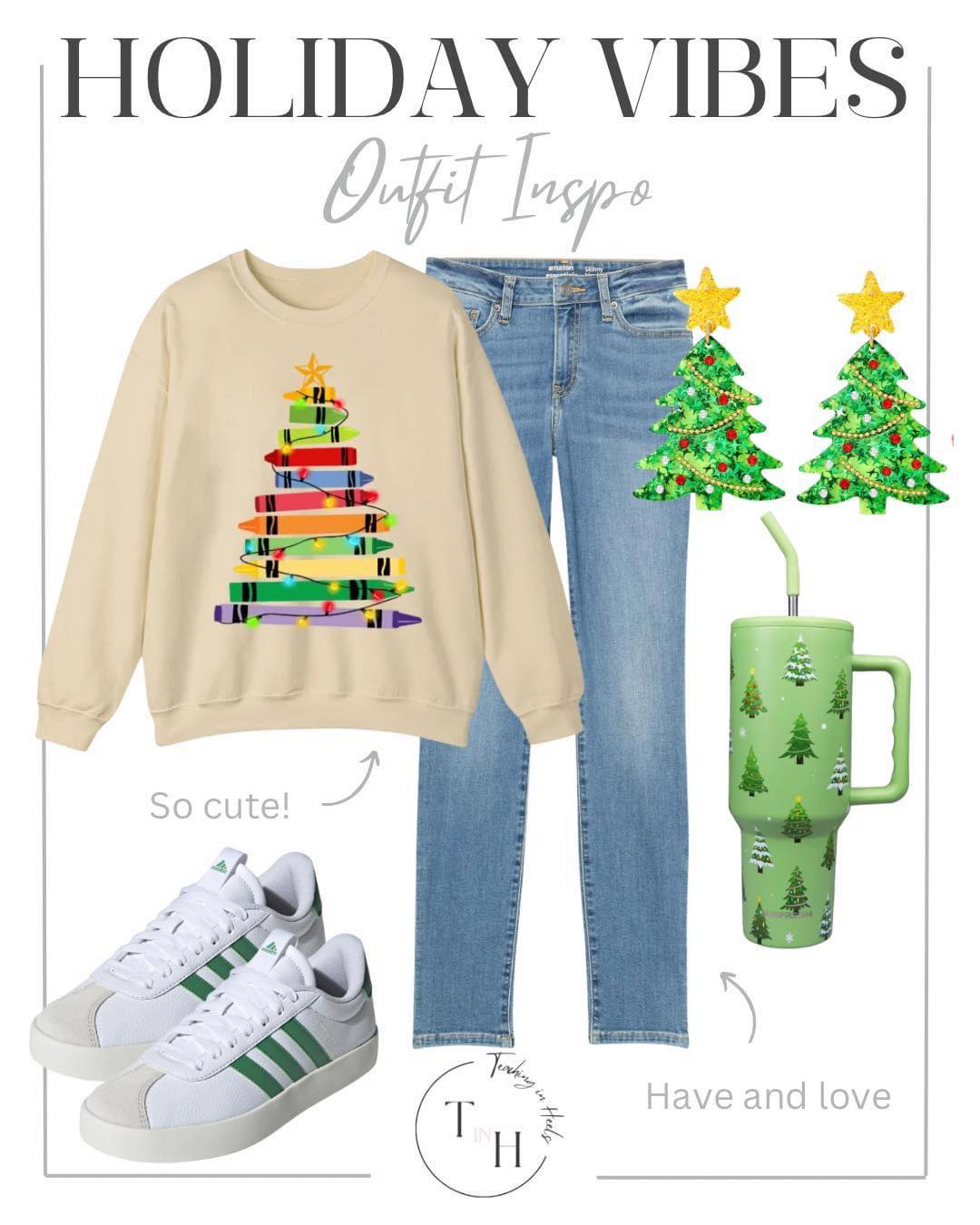 festive and affordable holiday outfits for any occasion | holiday, holiday outfits, holiday style, Christmas party, Work party, red outfit, plaid outfit, denim outfit, Christmas sweater, teacher sweatshirt