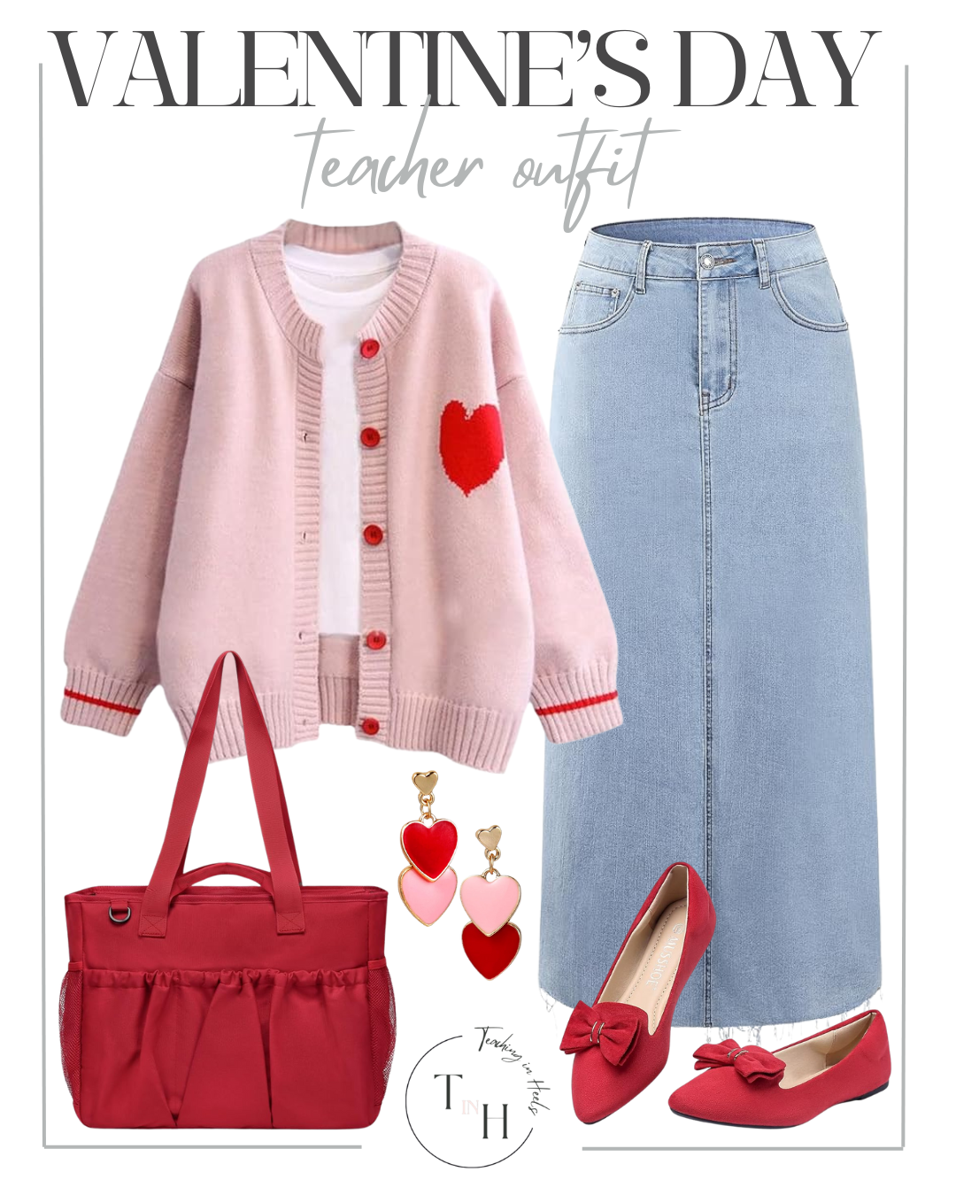 fall in love with these valentine's outfit ideas | valentines, valentine's day, valentine's day outfit, valentine's day sweater, pink sweater, teacher outfit, valentines for teachers, red purse, red shoes, denim skirt