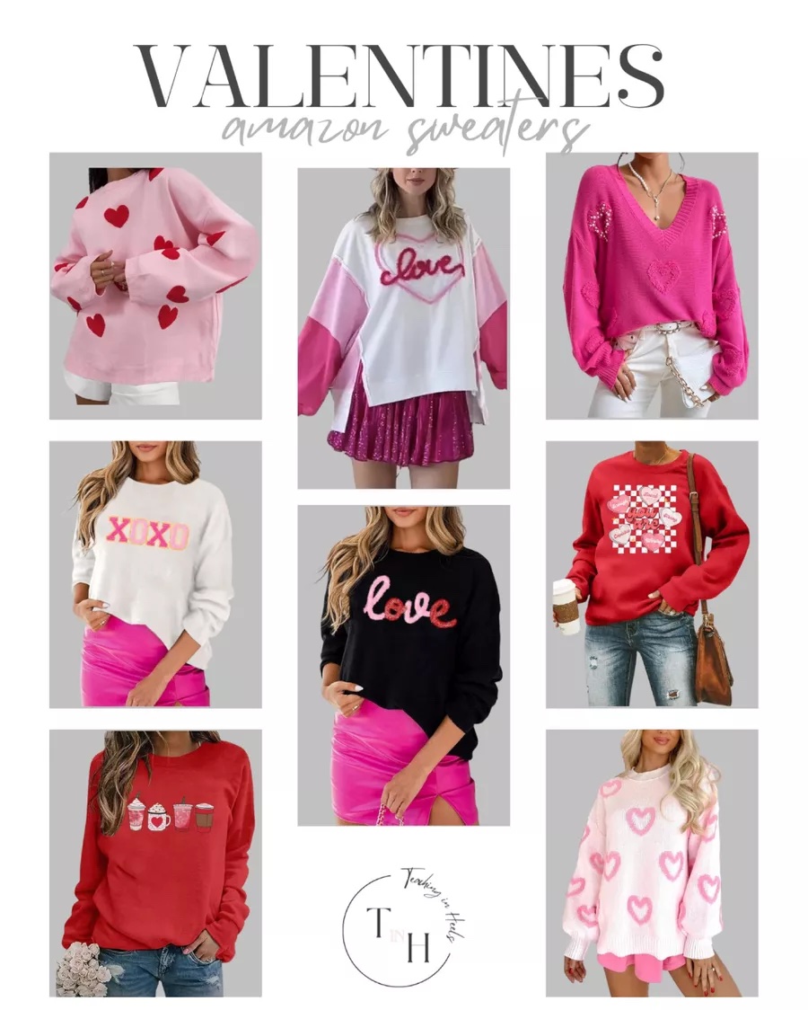 fall in love with these valentine's outfit ideas | valentines, valentine's day, valentine's day outfit, valentine's day sweater, pink sweater, amazon fashion, seasonal fashion, love sweater