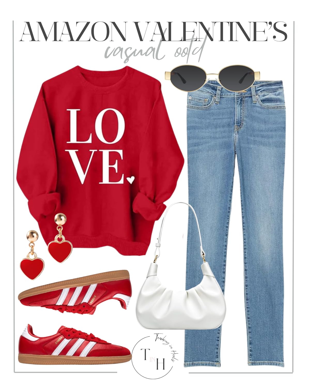 fall in love with these valentine's outfit ideas | valentines, valentine's day, valentine's day outfit, valentine's day sweater, pink sweater, casual valentine's day outfit, denim outfit, sunglasses, red sneakers