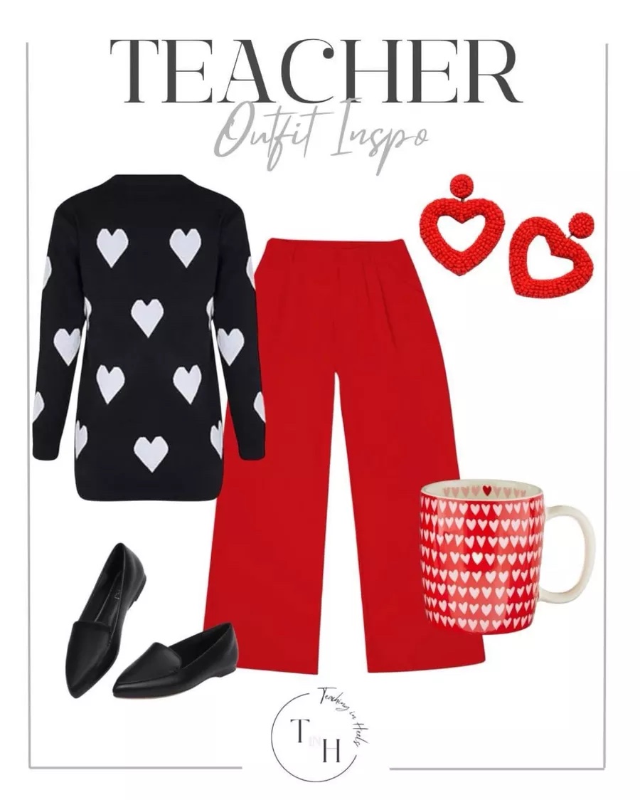 fall in love with these valentine's outfit ideas | valentines, valentine's day, valentine's day outfit, valentine's day sweater, pink sweater, red pants, heart earrings, heart mug