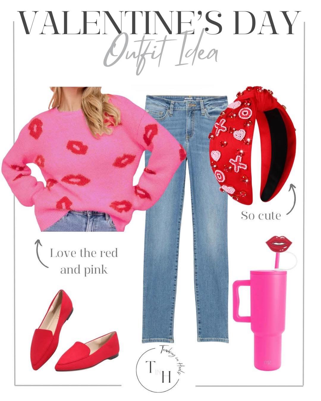 fall in love with these valentine's outfit ideas | valentines, valentine's day, valentine's day outfit, valentine's day sweater, pink sweater, valentine's outfit idea, pink sweater, denim outfit