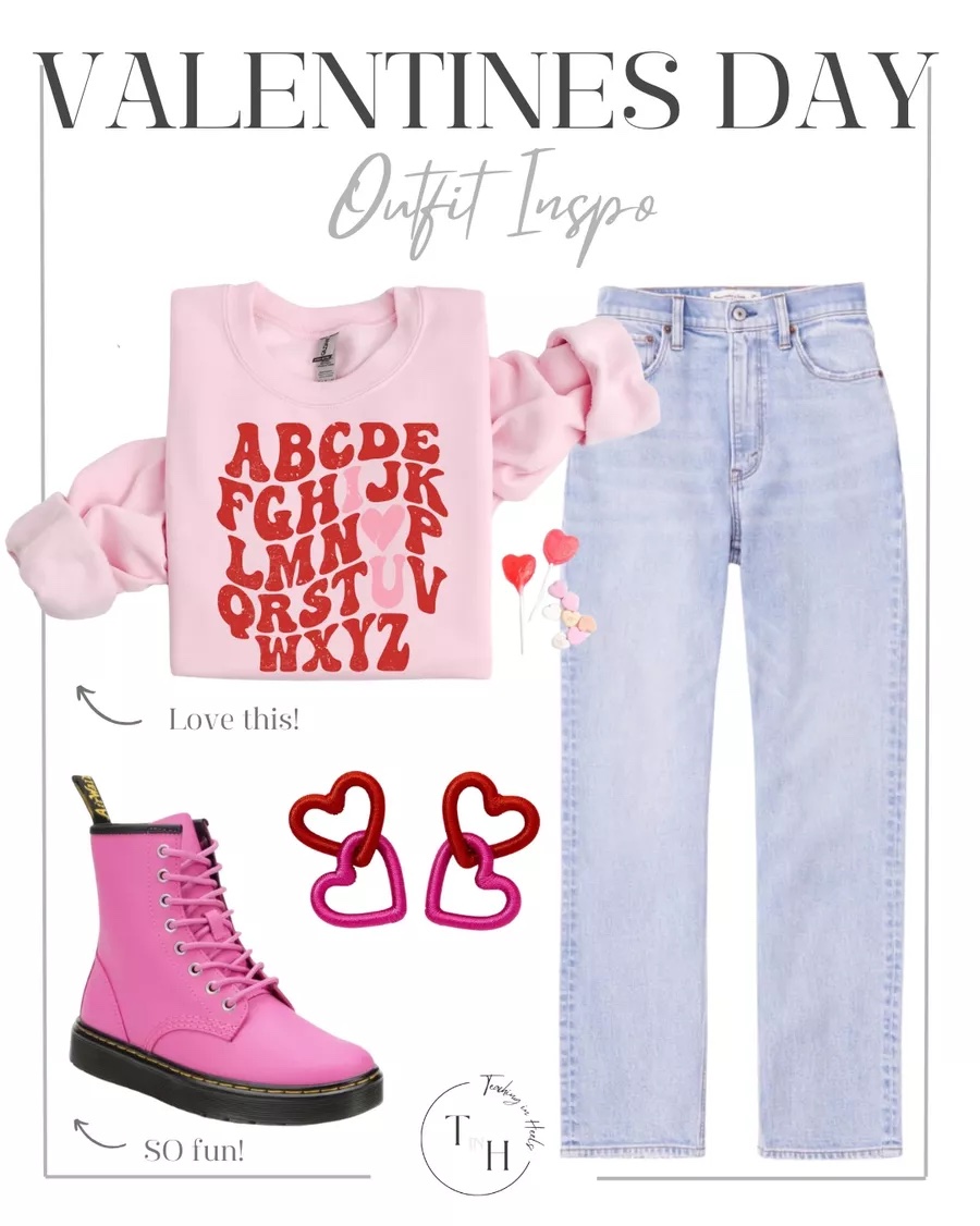 fall in love with these valentine's outfit ideas | valentines, valentine's day, valentine's day outfit, valentine's day sweater, pink sweater, valentine's day style, pink boots, denim outfit