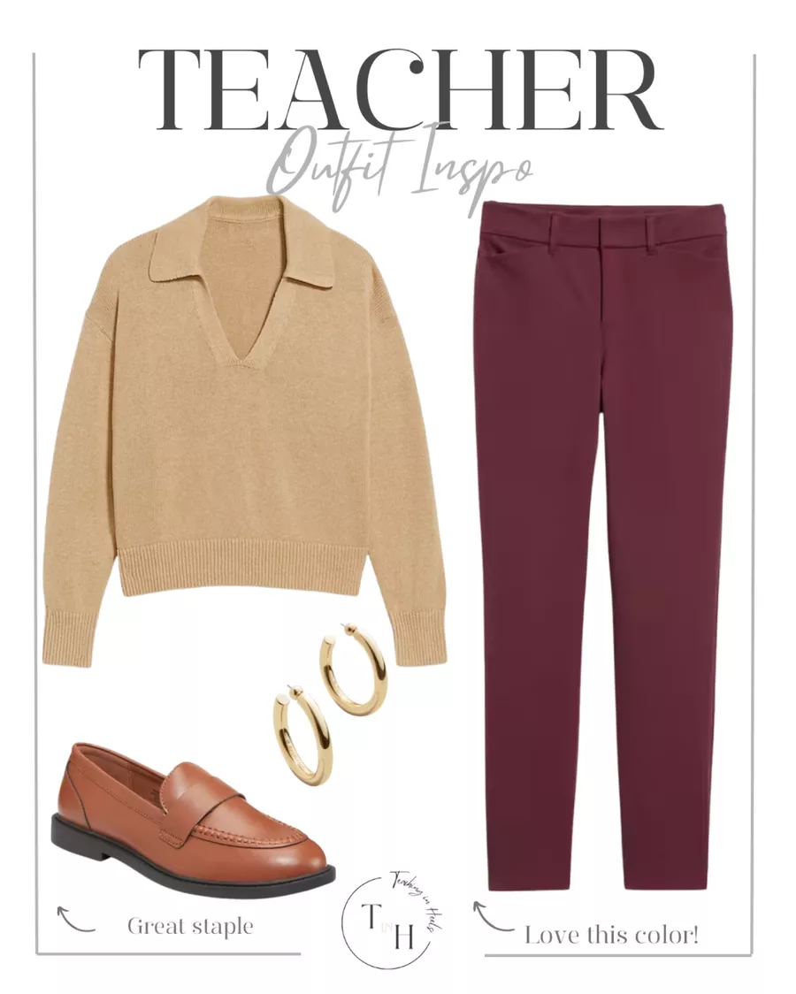 women's fashion, winter outfit, outfit inspo, teacher outfit, classroom look, workwear, women's loafer, women's sweater, women's trousers