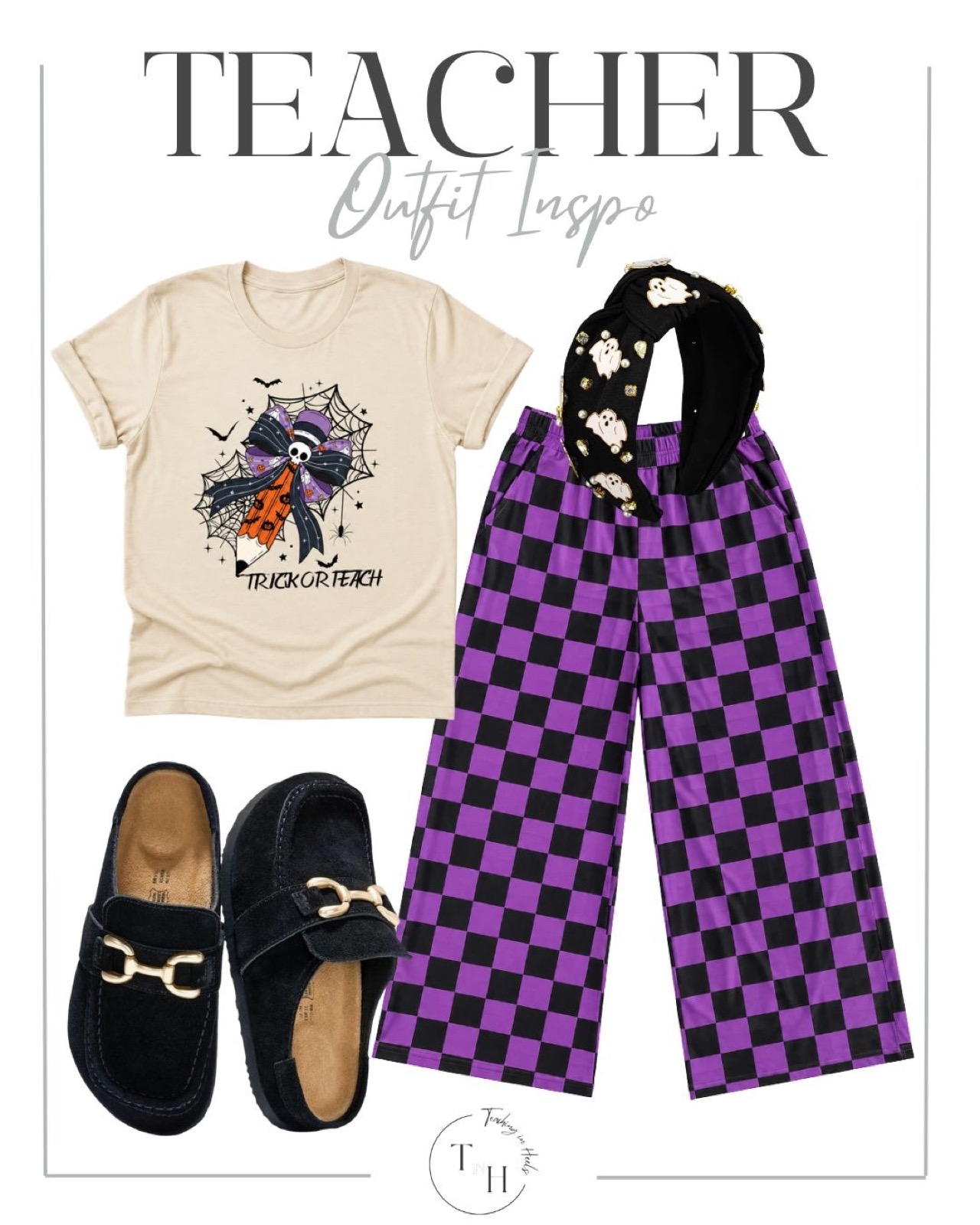 Trick or Teach spiderweb bow tee with purple and black checkered wide-leg pants, black clogs and a ghost headband