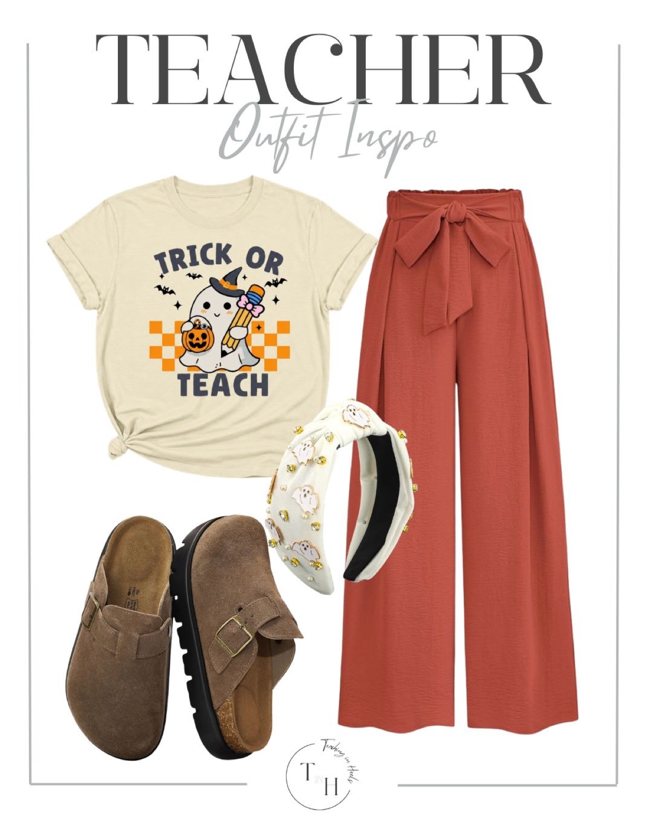 Trick or Teach ghost tee with rust tie-waist wide-leg pants, a ghost headband and suede clogs