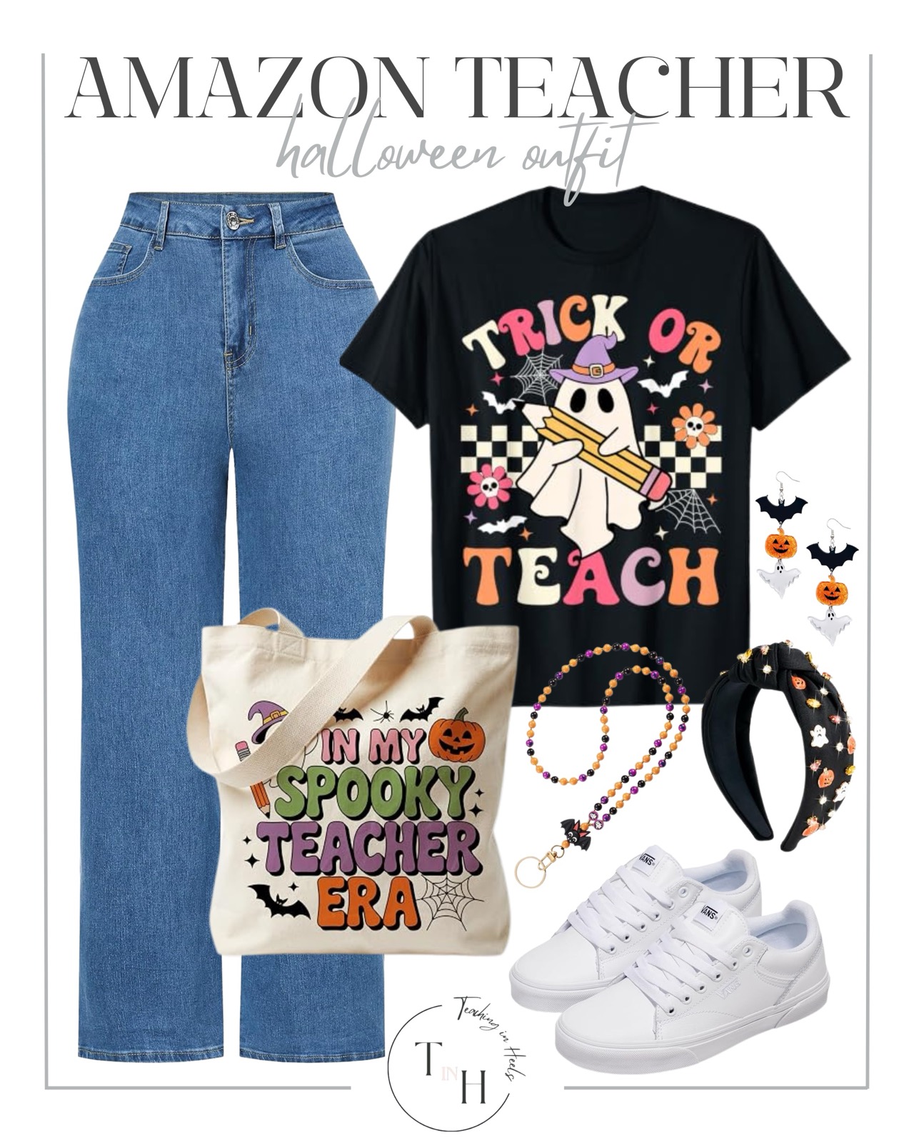 Black Trick or Teach tee with wide-leg jeans, an In My Spooky Teacher Era tote, beaded lanyard and white sneakers