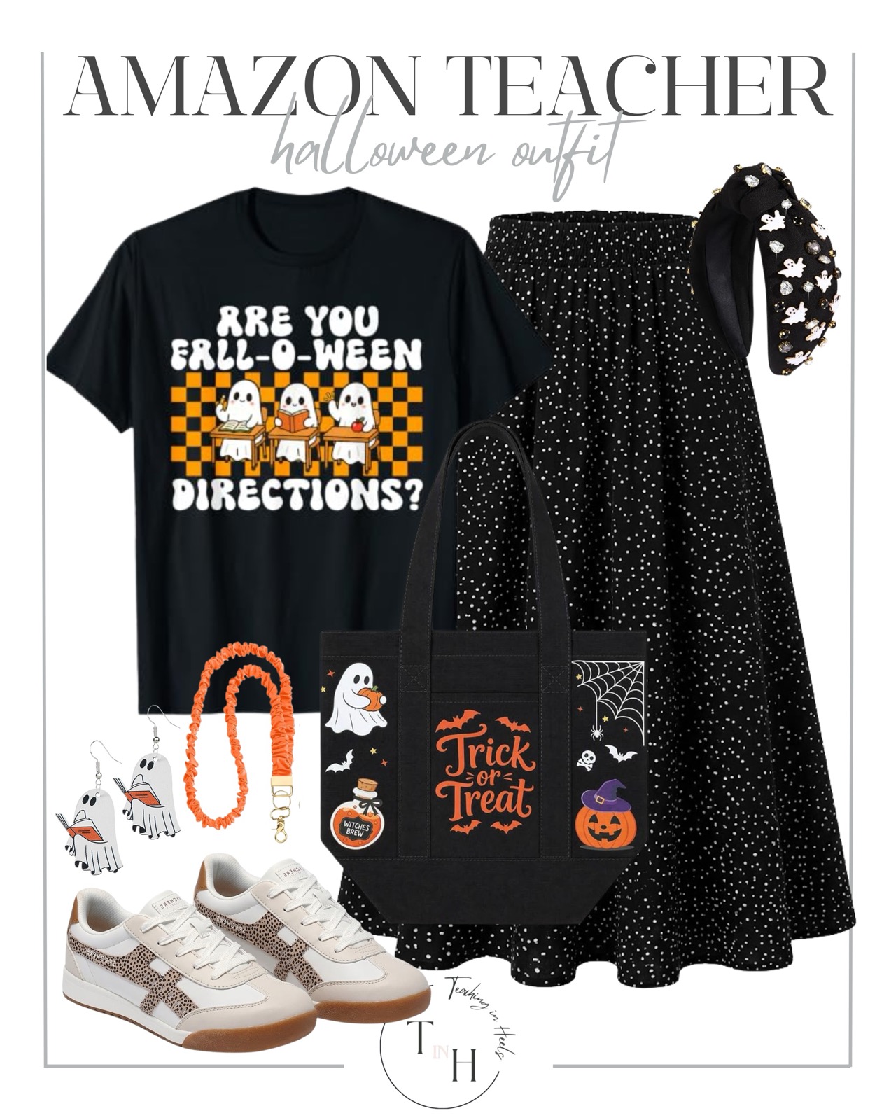 Are You Fall-O-Ween Directions tee with a black polka dot midi skirt, Trick or Treat tote and ghost earrings