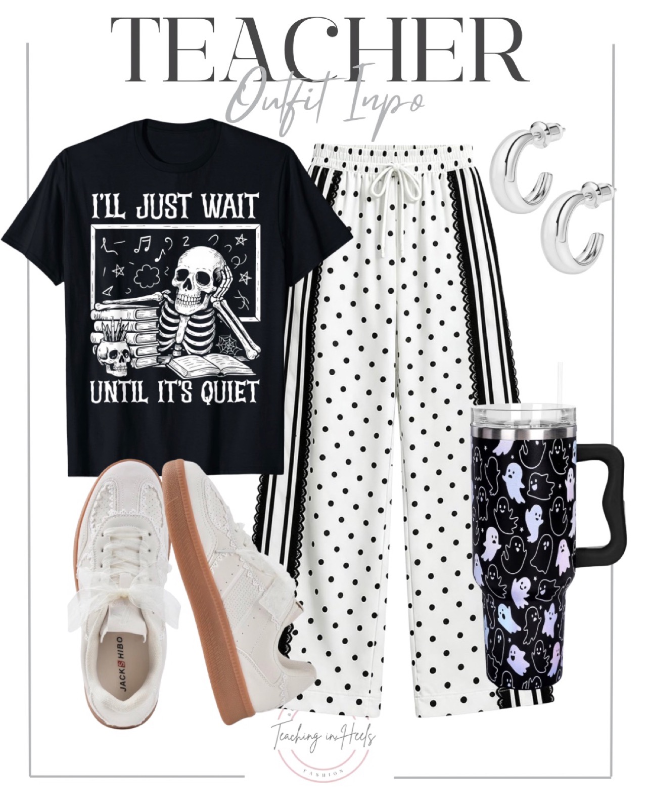 I'll Just Wait Until It's Quiet skeleton tee with polka dot wide-leg pants, silver hoops, white sneakers and a ghost tumbler