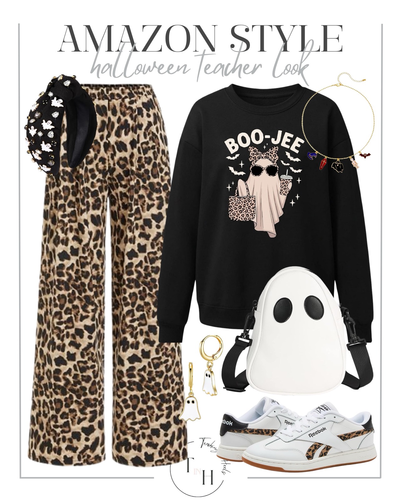 Boo-Jee ghost sweatshirt with leopard wide-leg pants, a ghost crossbody bag and leopard sneakers