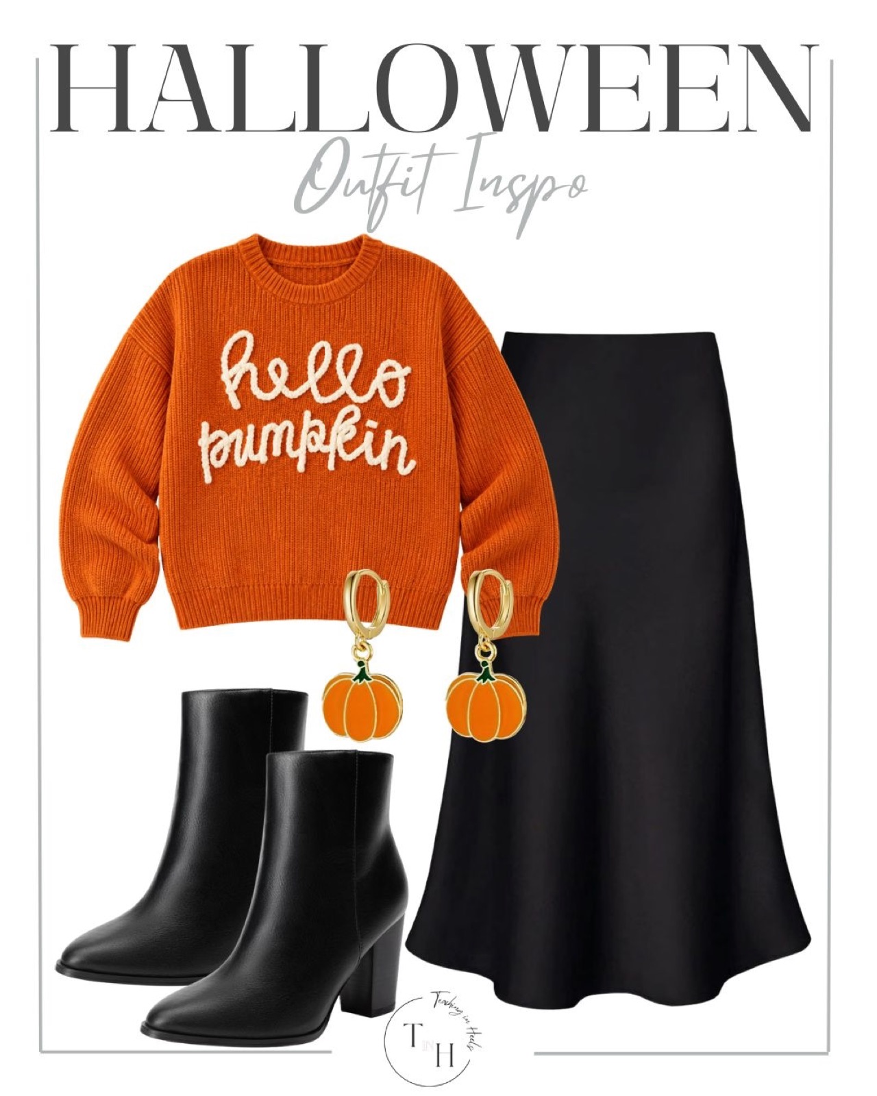 Orange Hello Pumpkin sweater with a black satin midi skirt, pumpkin earrings and black ankle boots