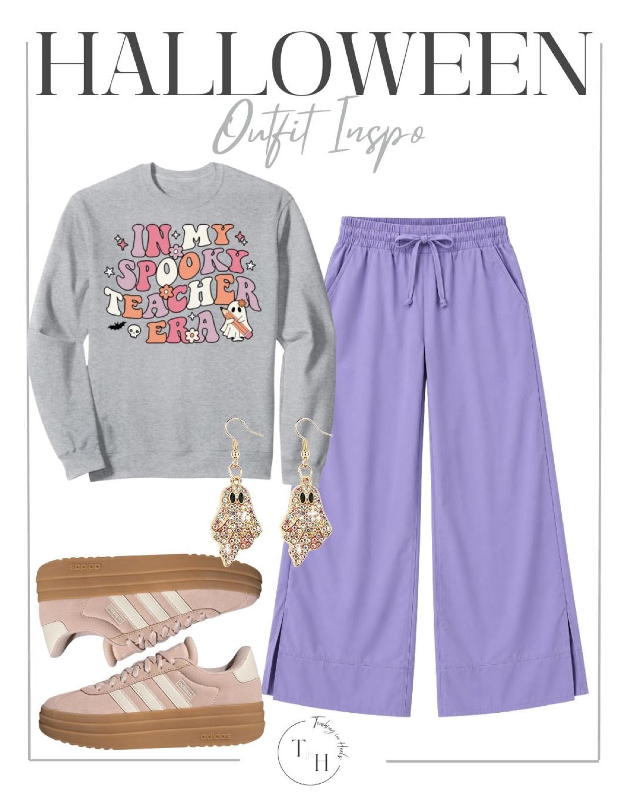 Gray In My Spooky Teacher Era sweatshirt with lavender wide-leg pants, ghost earrings and pink platform sneakers