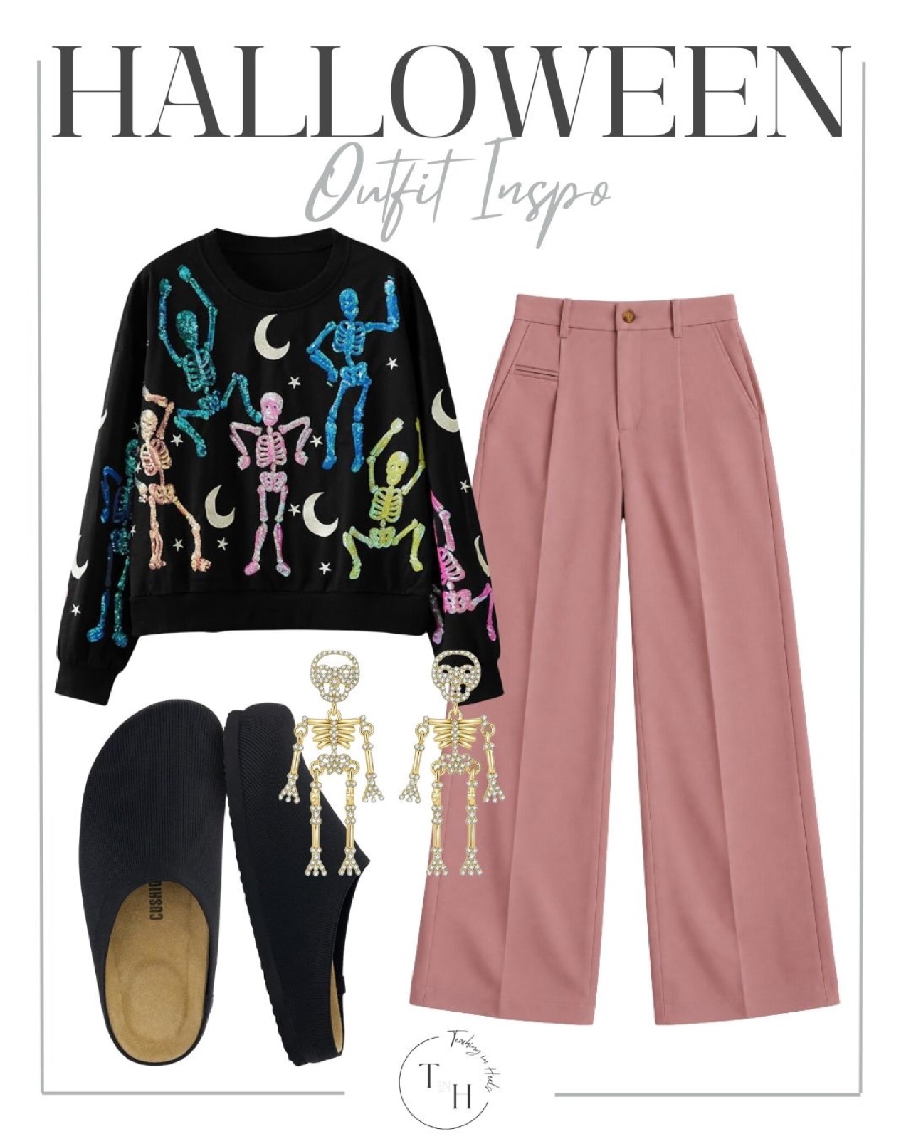 Black dancing skeleton sweater with pink trousers, skeleton earrings and black clogs