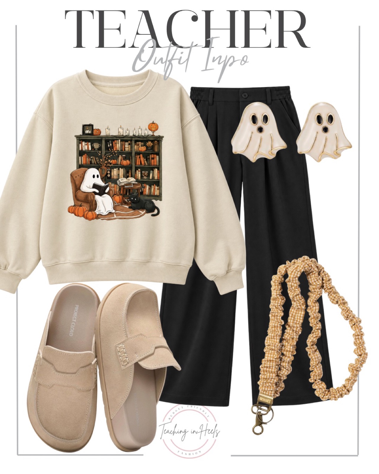 Cream ghost reading by the bookshelf sweatshirt with black wide-leg pants, ghost earrings and a beaded lanyard
