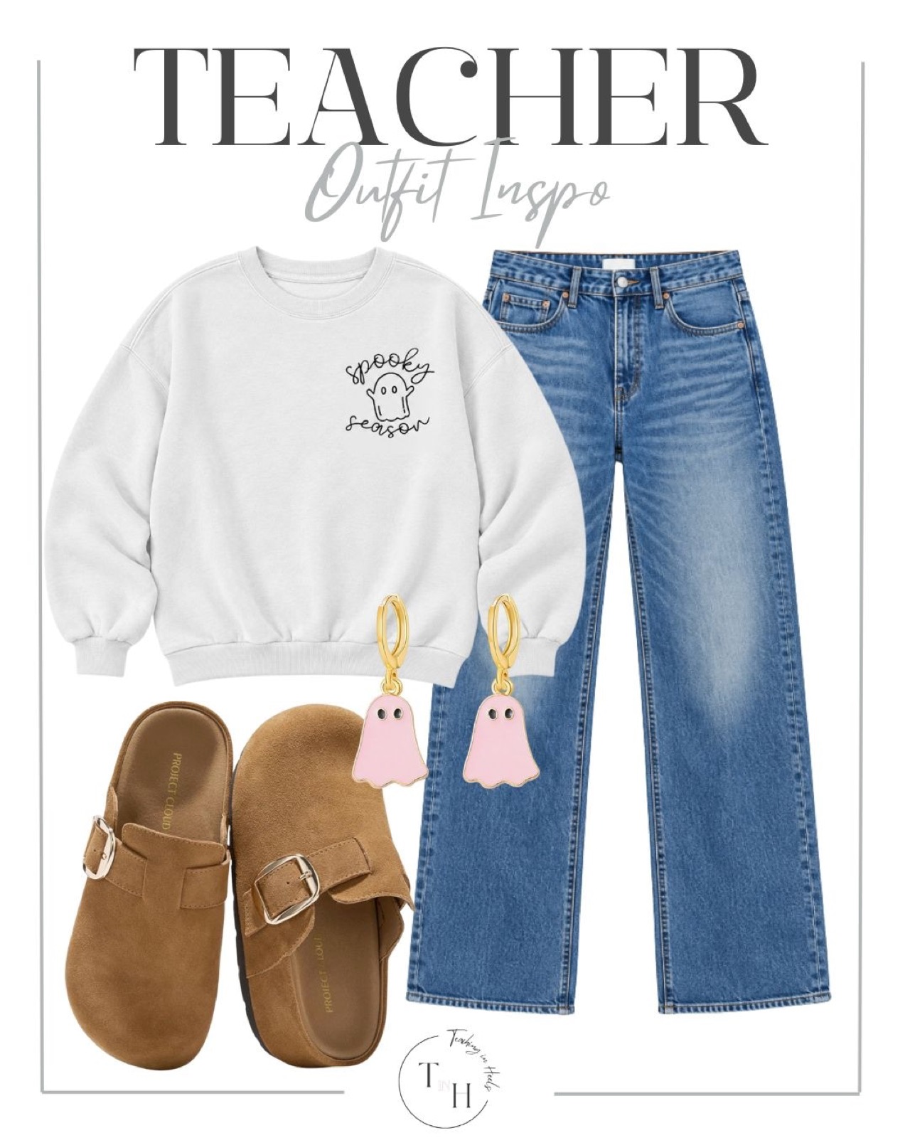 White Spooky Season ghost sweatshirt with straight-leg jeans, pink ghost earrings and brown suede clogs
