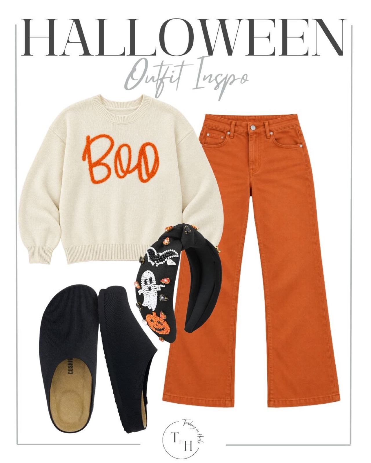 Cream BOO sweater with orange flare jeans, a Halloween headband and black clogs