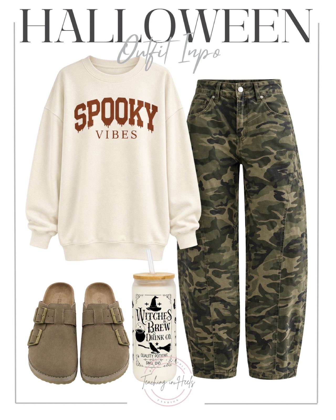 Cream Spooky Vibes sweatshirt with camo barrel jeans, suede clogs and a Witches Brew glass cup